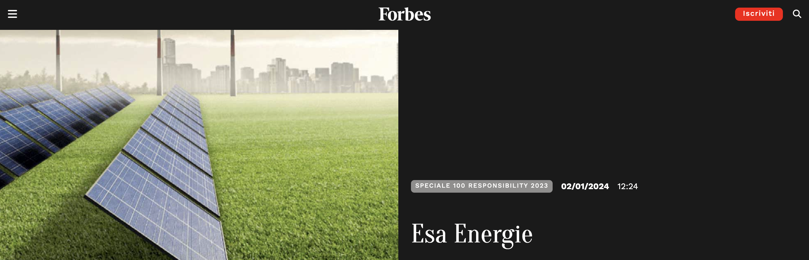 Esa Energie viene riconosciuta da Forbes nella top 10 della sostenibilità Energy